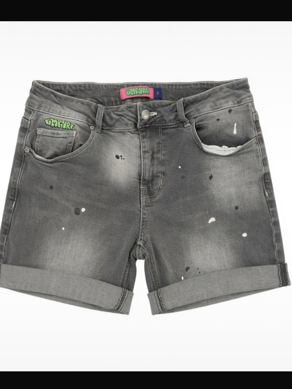 Empyre Gray Washed Paint Splattered Denim Roll-Cuff Shorts